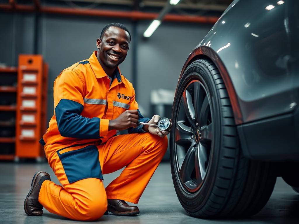 Technicien avec pneu